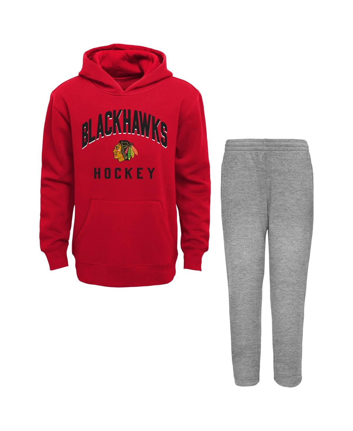 Outerstuff Babies' Toddler Boys Red, Heather Gray Chicago Blackhawks Play By Play Pullover Hoodie And Pants Set In Red,heather Gray