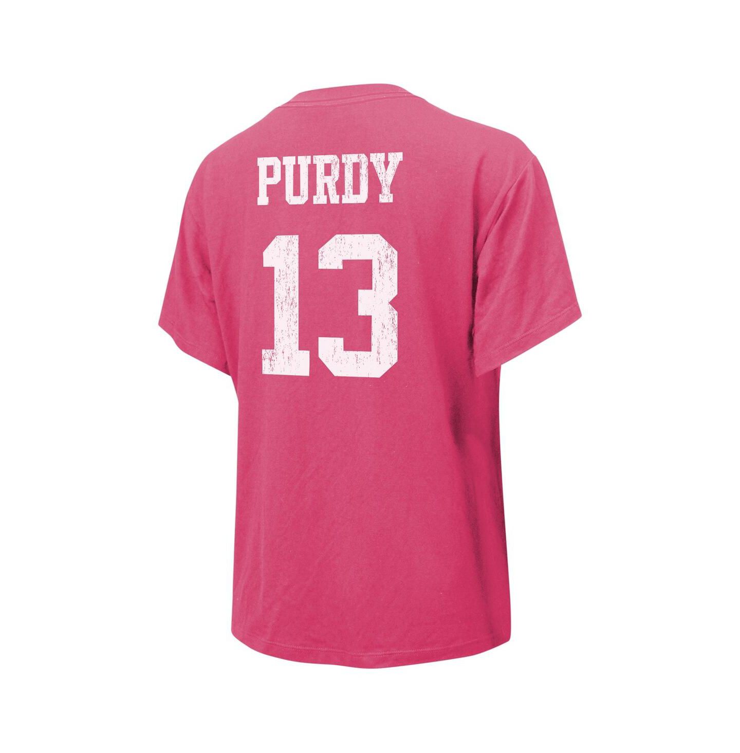 Женская футболка Majestic Threads Brock Purdy Pink Distressed San Francisco 49ers Name and Number — фото 2