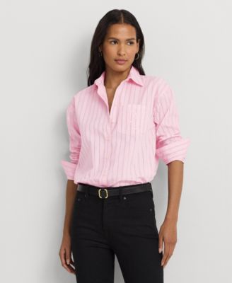 로렌 랄프로렌 Lauren Ralph Lauren Womens Cotton Striped Shirt,Pink/White Multi