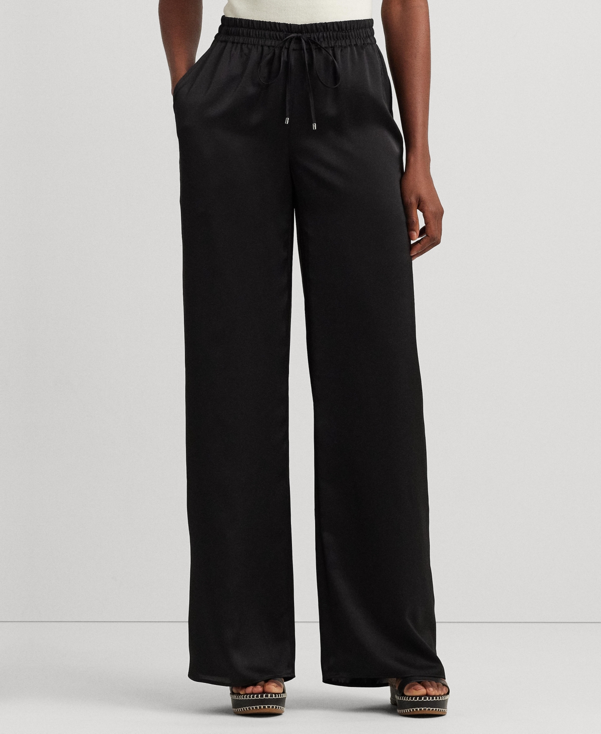 Shop Lauren Ralph Lauren Petite Wide-leg Satin Pants In Black