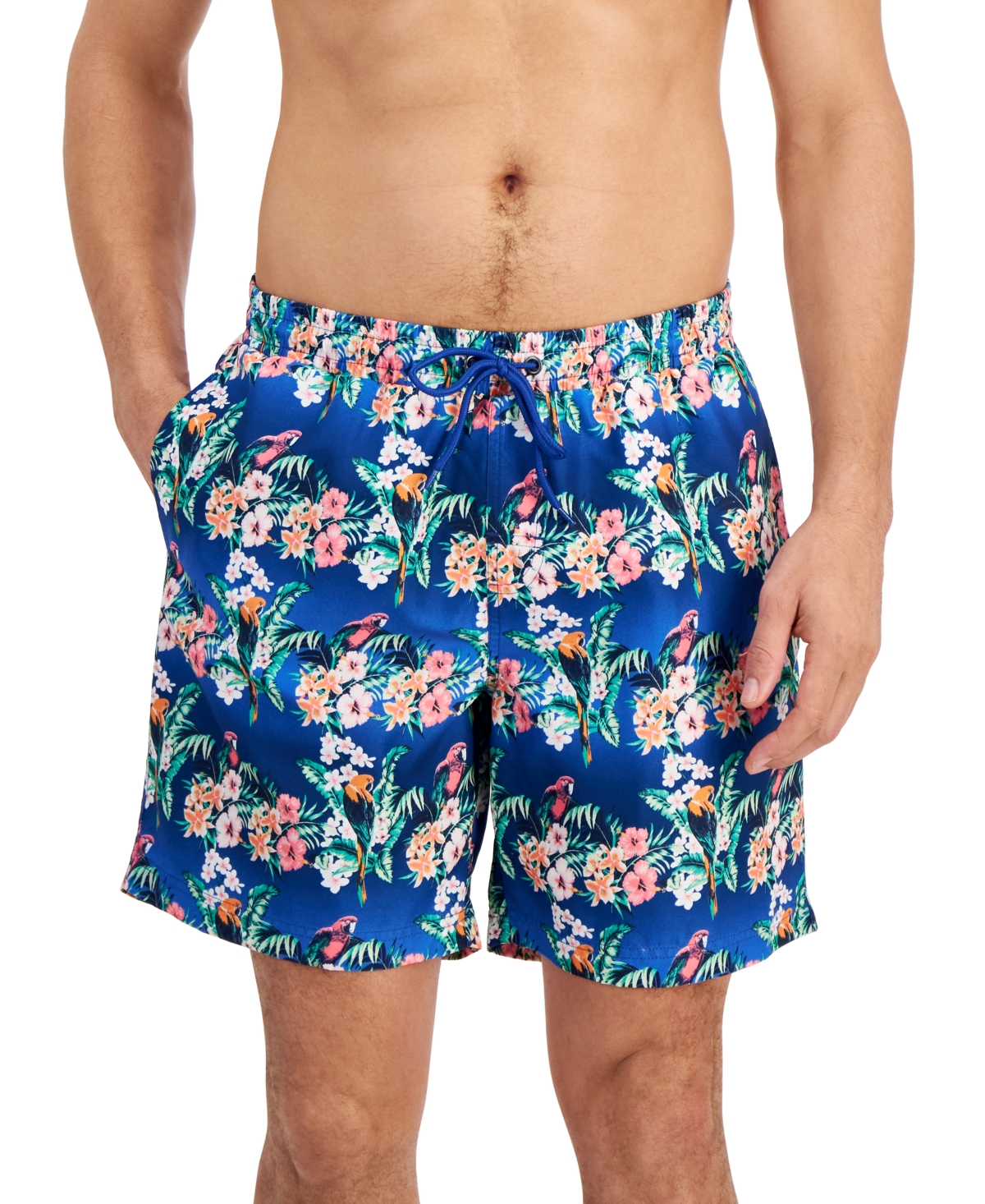 Club Room Men's Bird Tropical Floral-print Quick-dry 7" Swim Trunks, Created For Macy's In New Cerulean