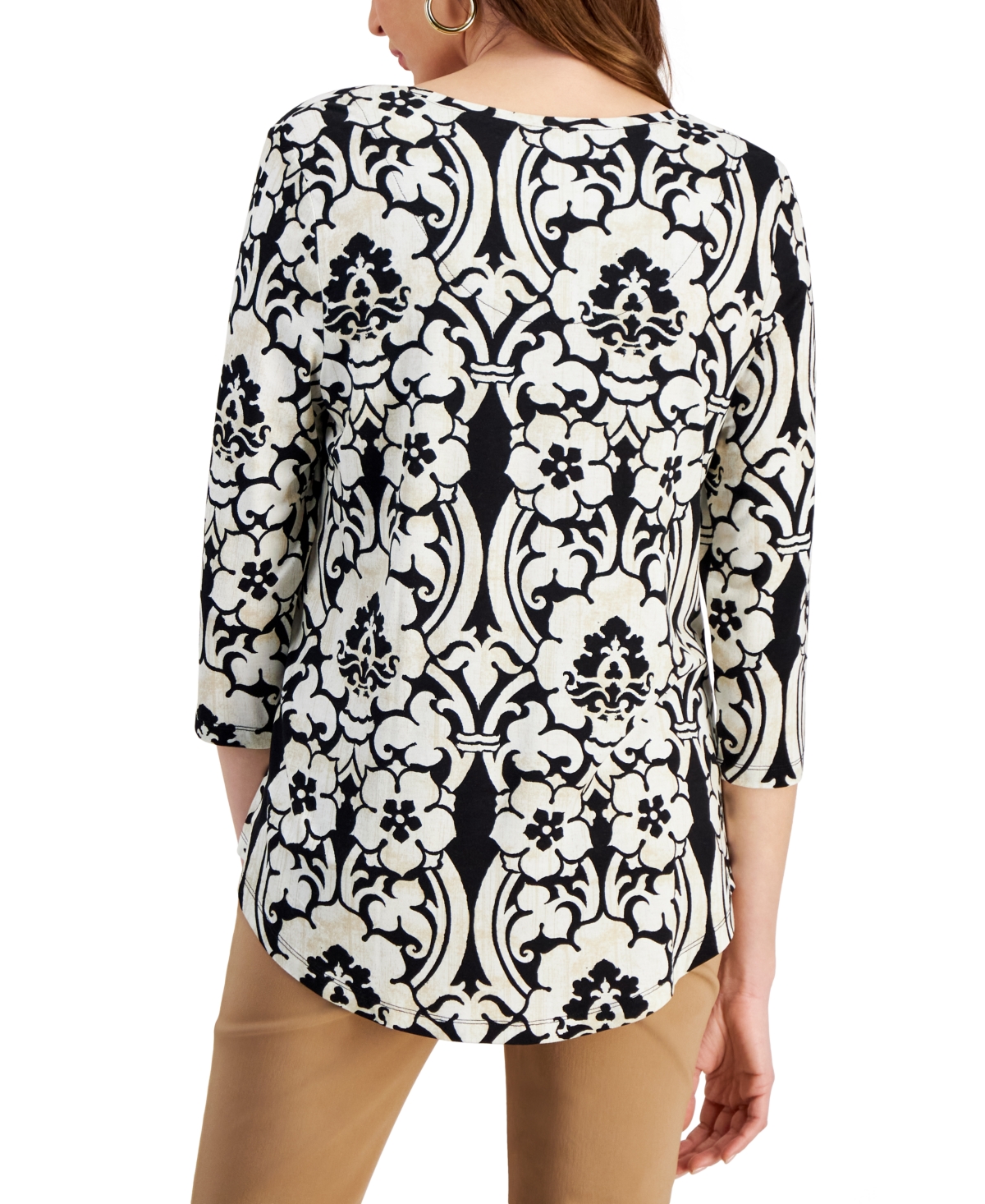 Shop Jm Collection Women's Printed Knit 3/4-sleeve Top, Created For Macy's In White Scrolls