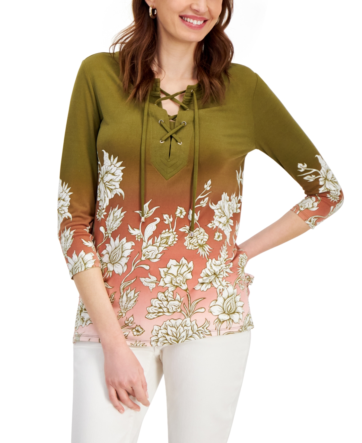 Petite Garden Lace-Up 3/4-Sleeve Tunic Top, Created for Macy's - New Avocado Combo