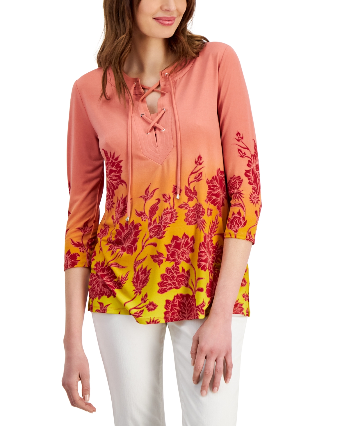 Petite Garden Lace-Up 3/4-Sleeve Tunic Top, Created for Macy's - Burnt Brick Combo