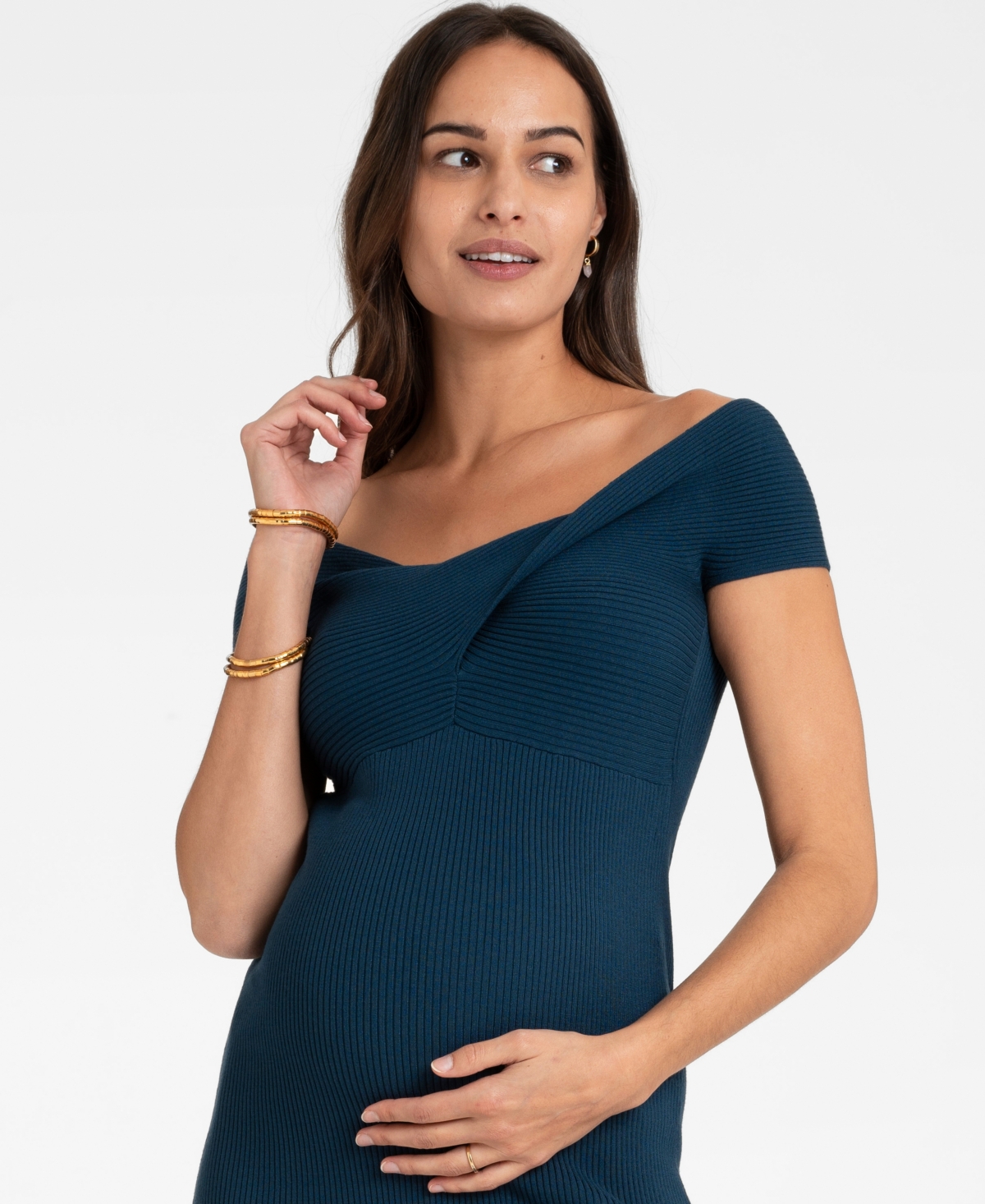 Shop Seraphine Women's Off-the-shoulder Knitted Maternity Dress In Petrol