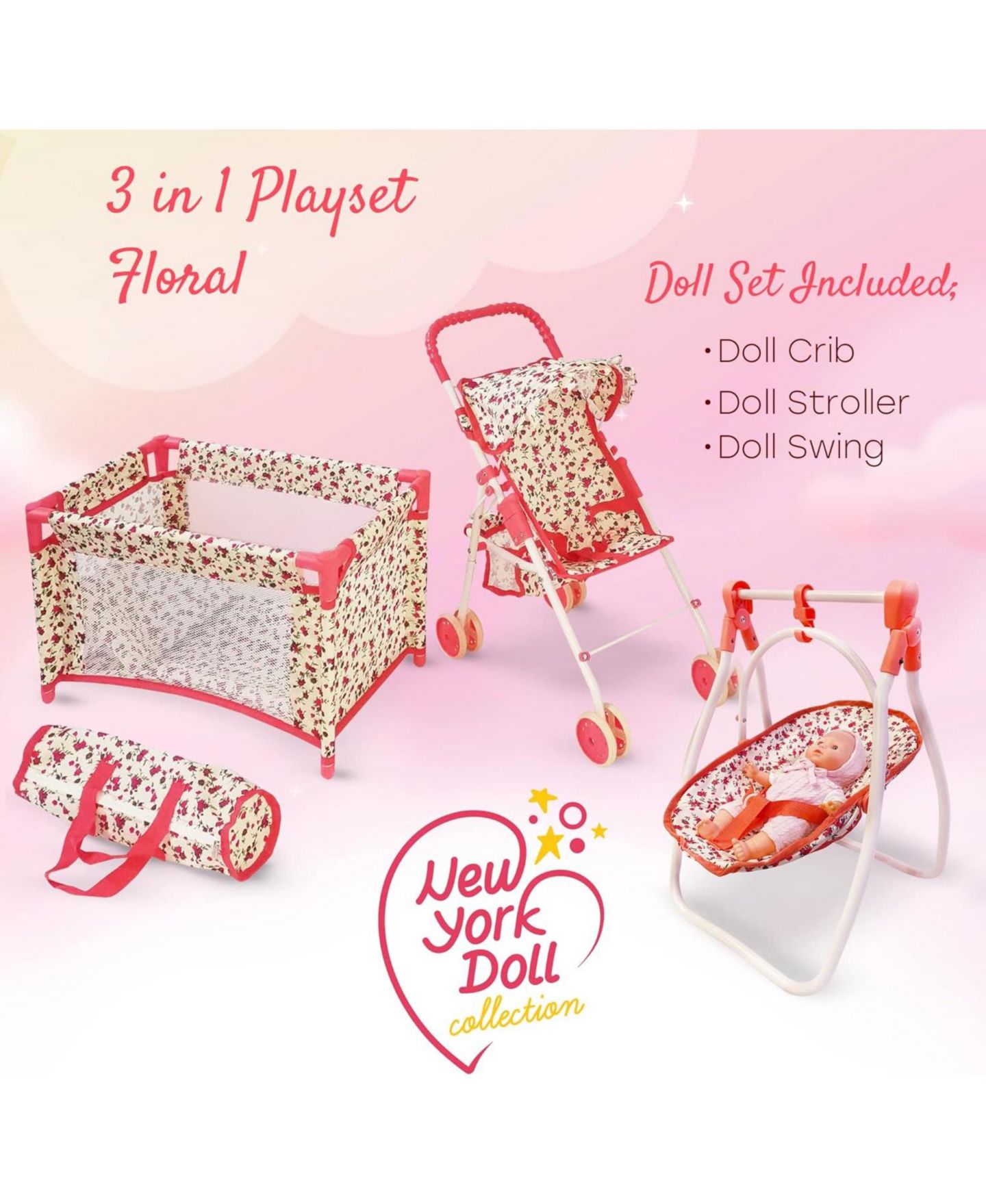 Набор The New York Doll Collection My First Doll: коляска, качели и кроватка 3 в 1, 3+, цвет: Бежевый — фото 2