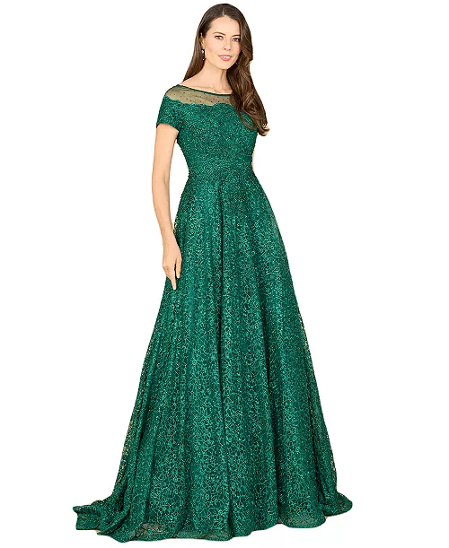 women's sheer boat neck ball gown