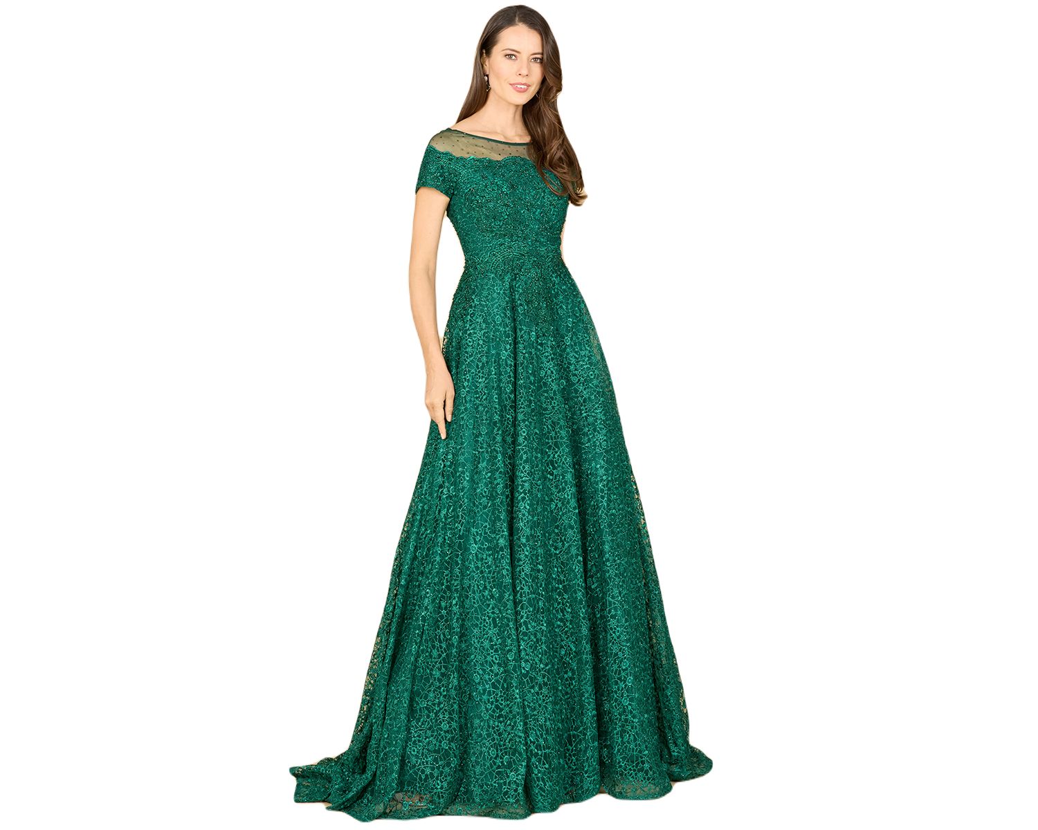 Women's Sheer Boat Neck Ball Gown