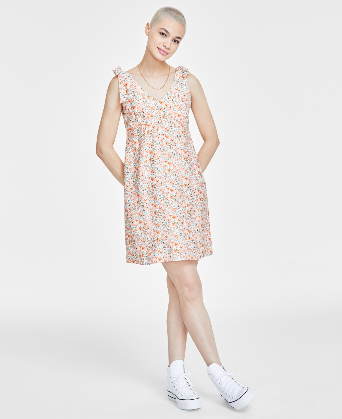 Juniors' Sleeveless Floral Tie-Strap Dress - Pat A
