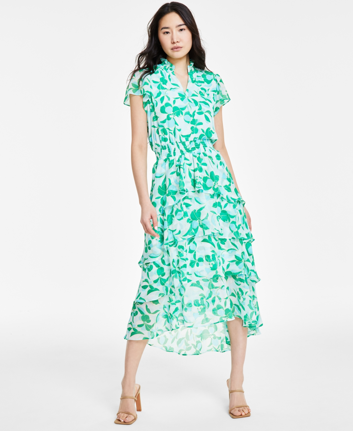 Shop Sam & Jess Women's Floral-printed Smocked-waist Tiered Midi Dress In Blue  Green Floral