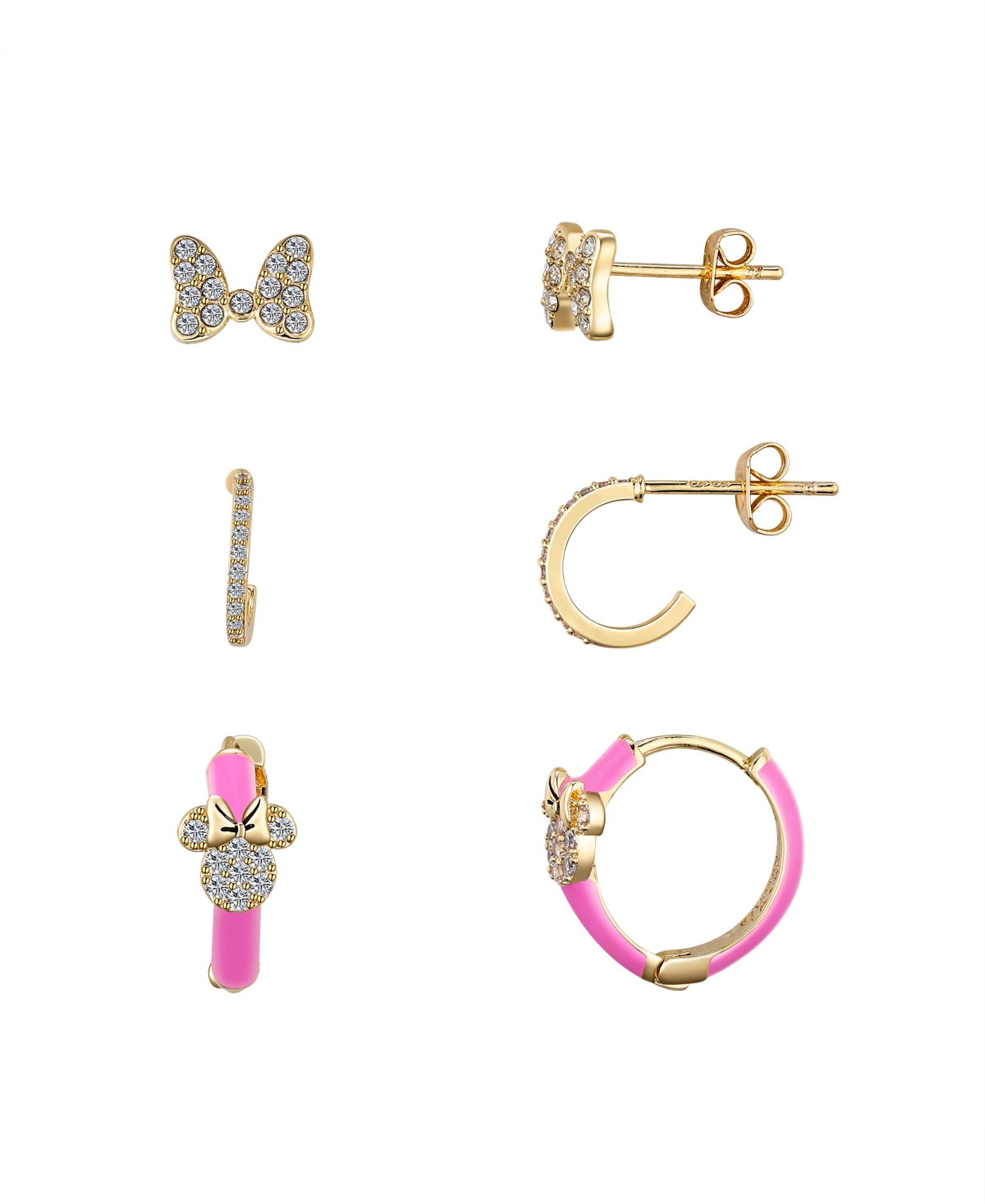 Disney Cubic Zirconia Hoop, Pink Enamel Hoop, And Crystal Bow Minnie Mouse Earring Set In Gold