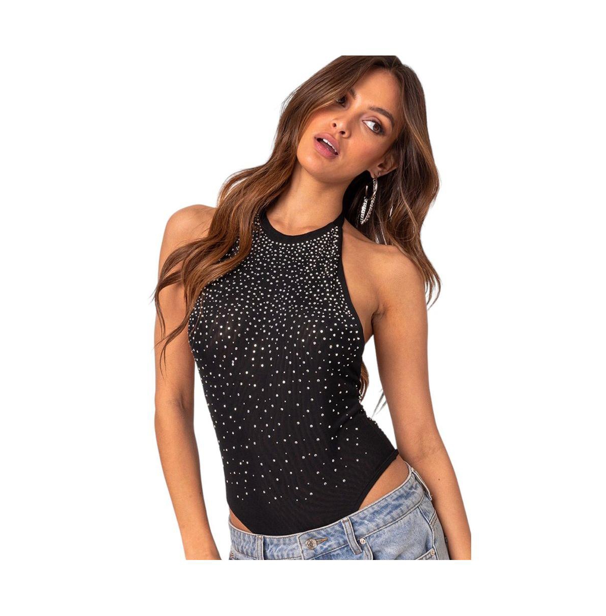 EDIKTED WOMEN'S OPEN BACK MESH RHINESTONE BODYSUIT