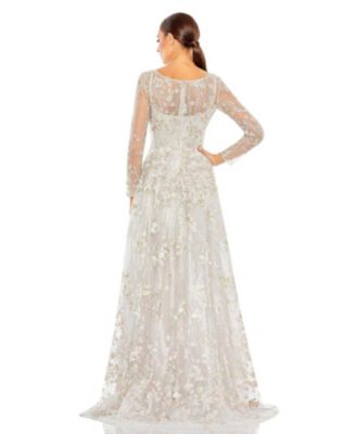 Women's Embellished Wrap Over Illusion Long Sleeve A Line Gown