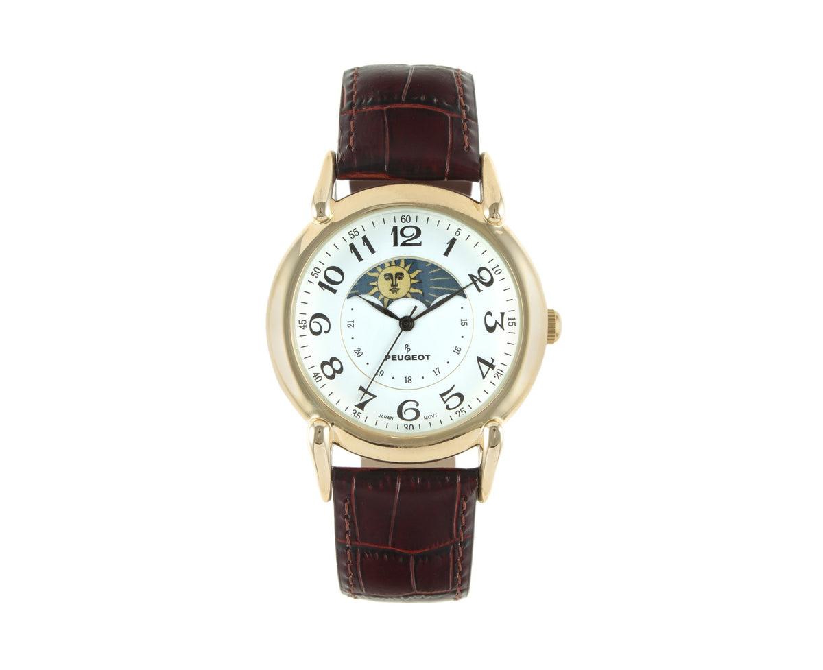 Men's 40mm Vintage Like White Dial Sun Moon Brown Leather Strap Watch - Brown