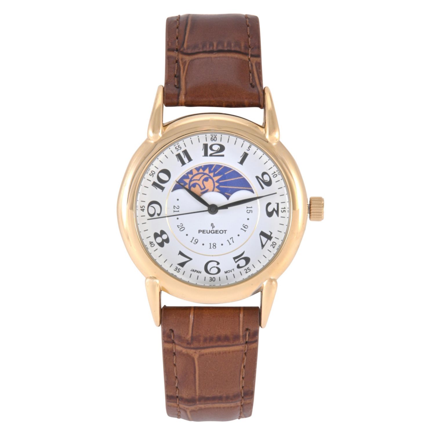 Men's 40mm Vintage Like White Dial Sun Moon Brown Leather Strap Watch