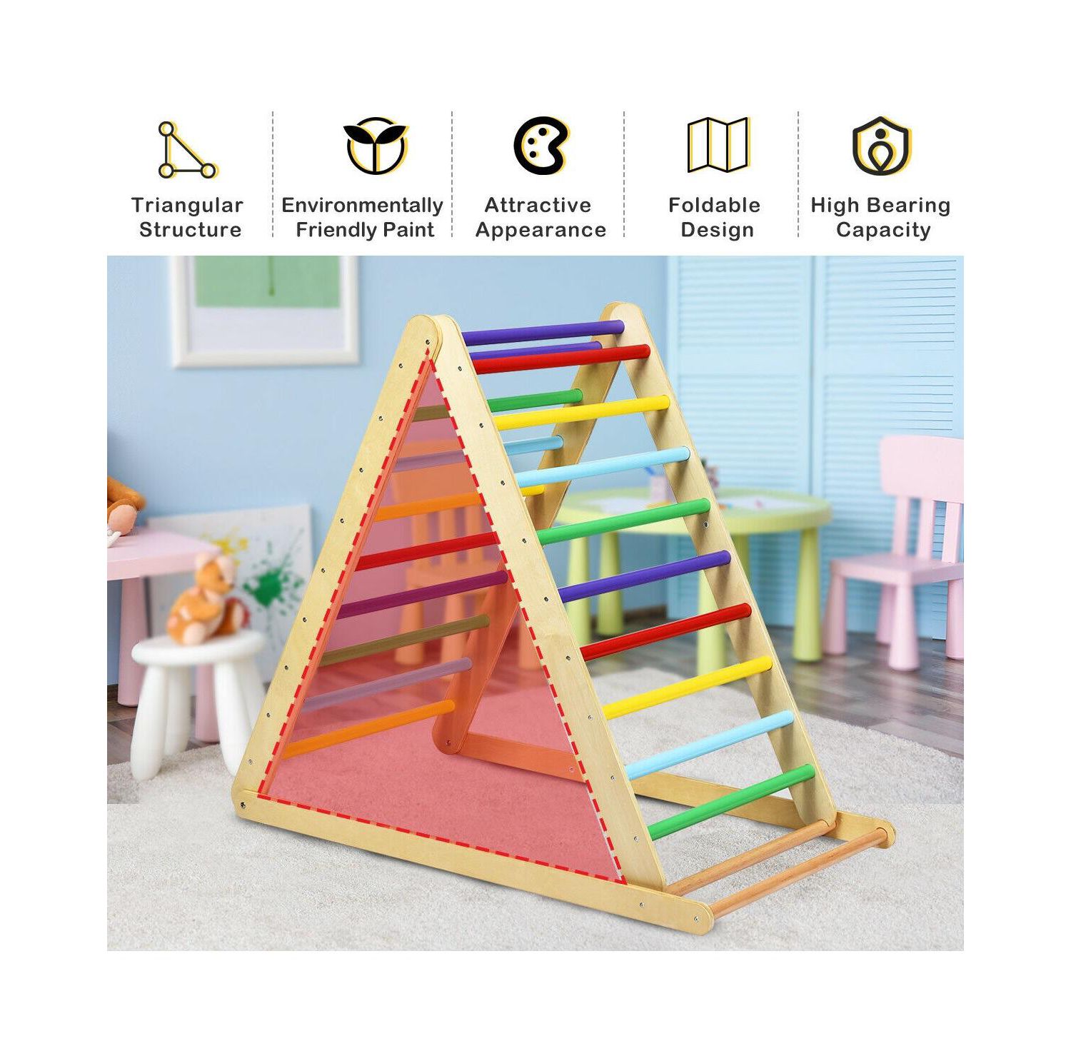Foldable Wooden Triangle Climber with Reversible Ramp and Non-Toxic Finish for Toddlers Play