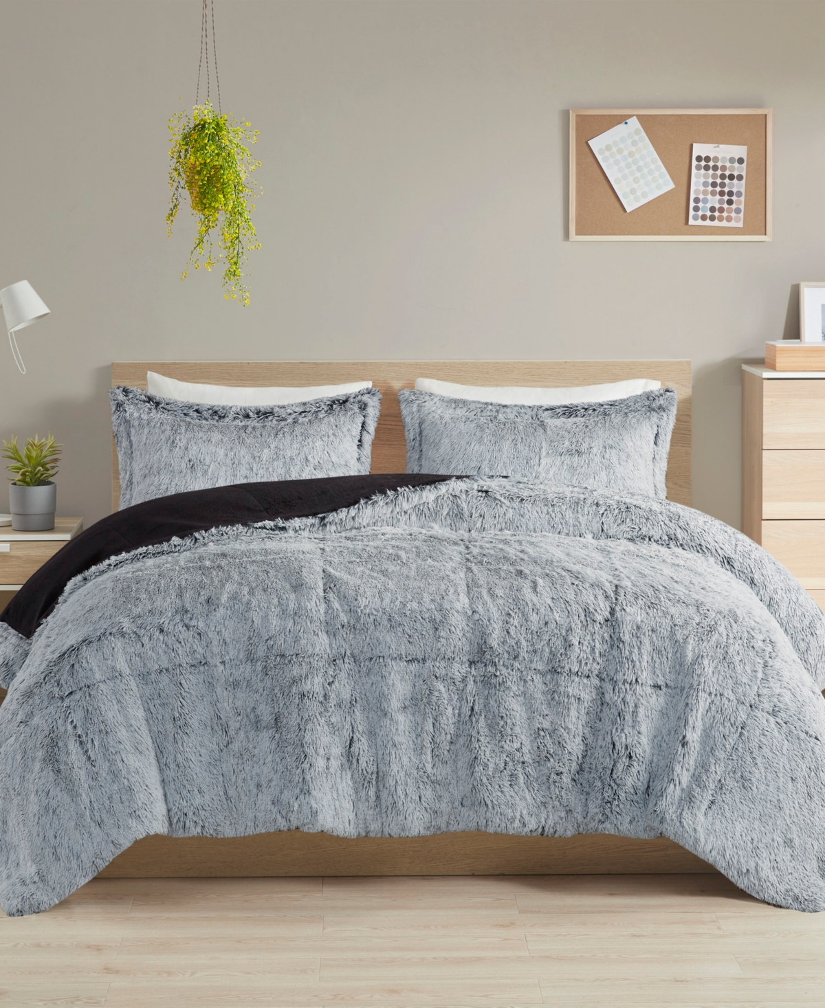 Intelligent Design Malea Shaggy Faux-fur 3-pc. Comforter Set, Full/queen In Black,whit