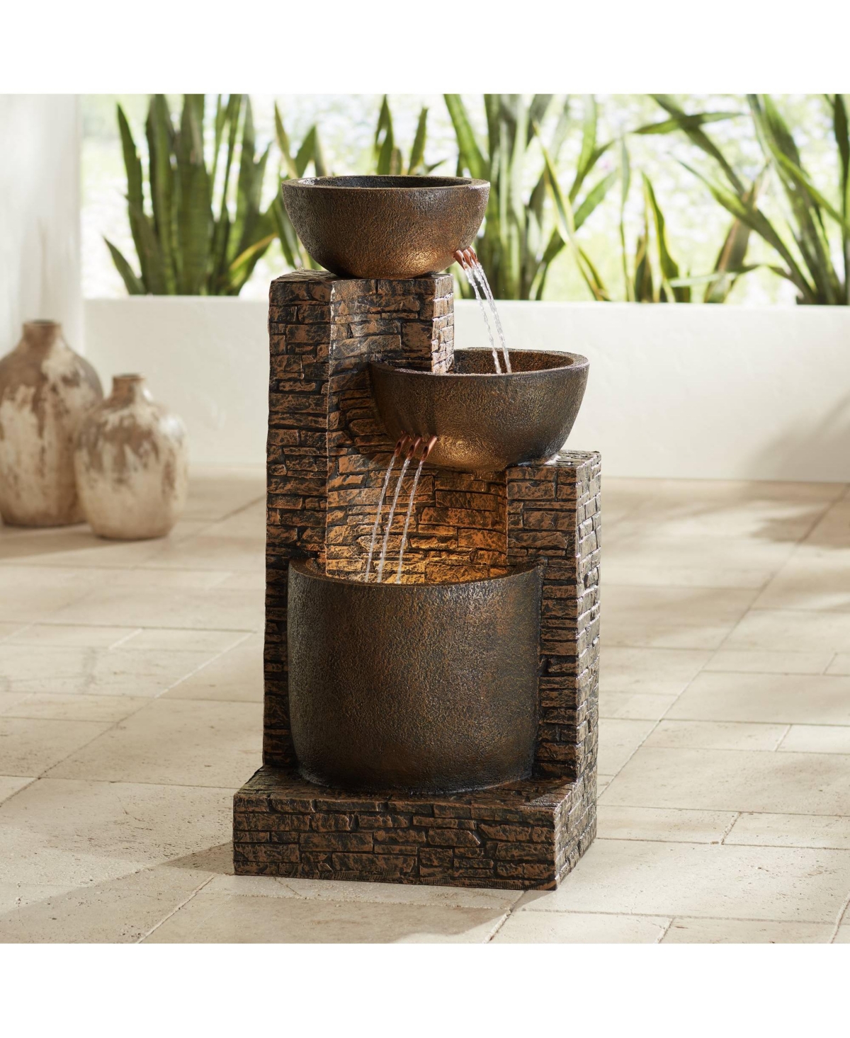 Mason Rustic Outdoor Floor Water Fountain High with Led Light Cascading Three Bowls for Garden Patio Backyard Deck Home Lawn Porch House Relaxatio