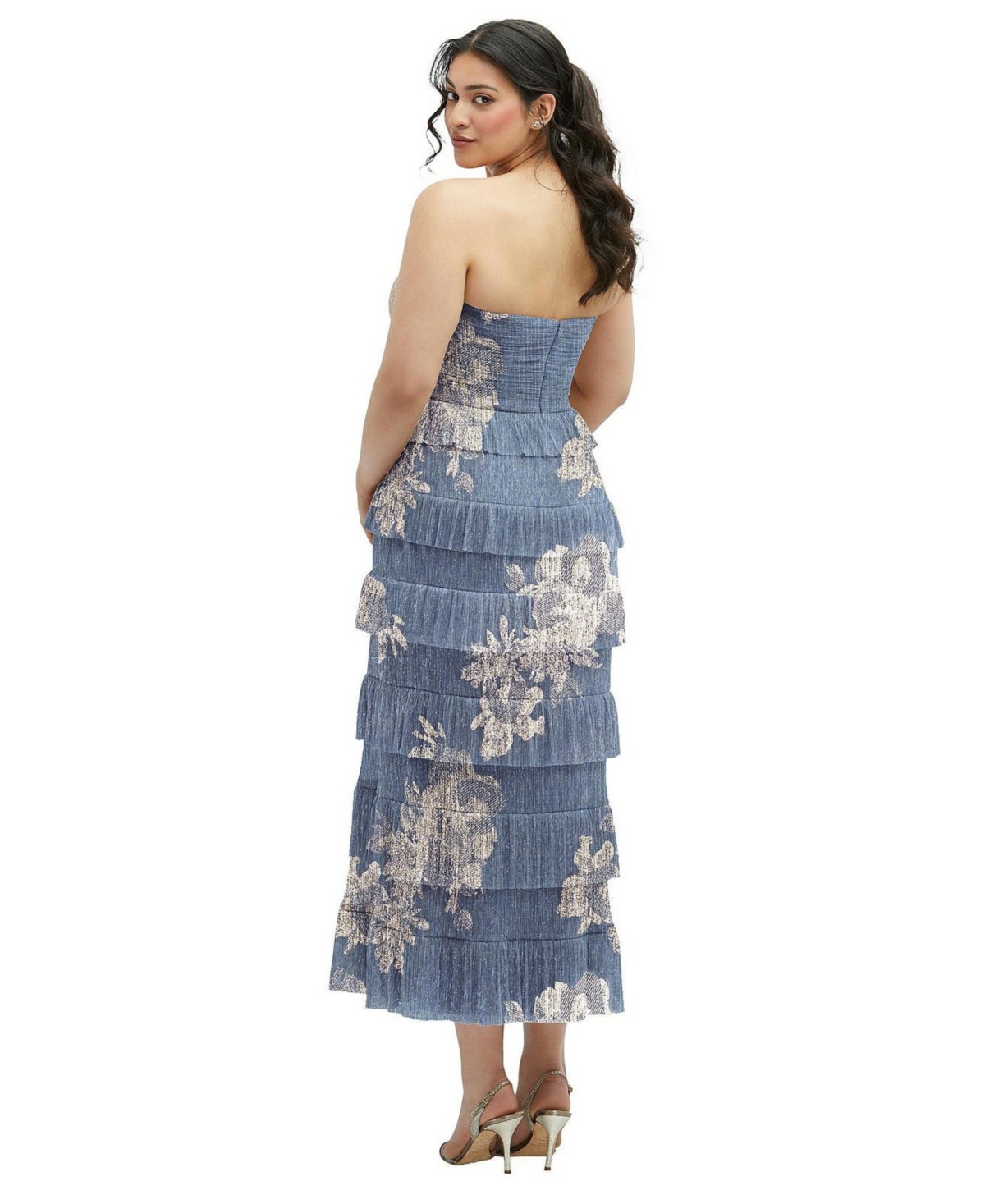 Shop After Six Women's Ruffle Tiered Skirt Metallic Pleated Strapless Midi Dress With Floral Gold Foil Print In French Blue Gold Foil