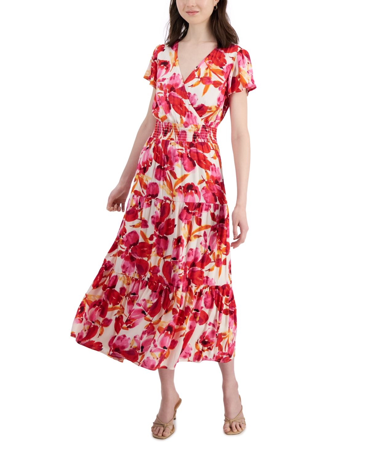 Petite Paisley-Print Long-Sleeve Maxi Dress - Pink Red Floral Border