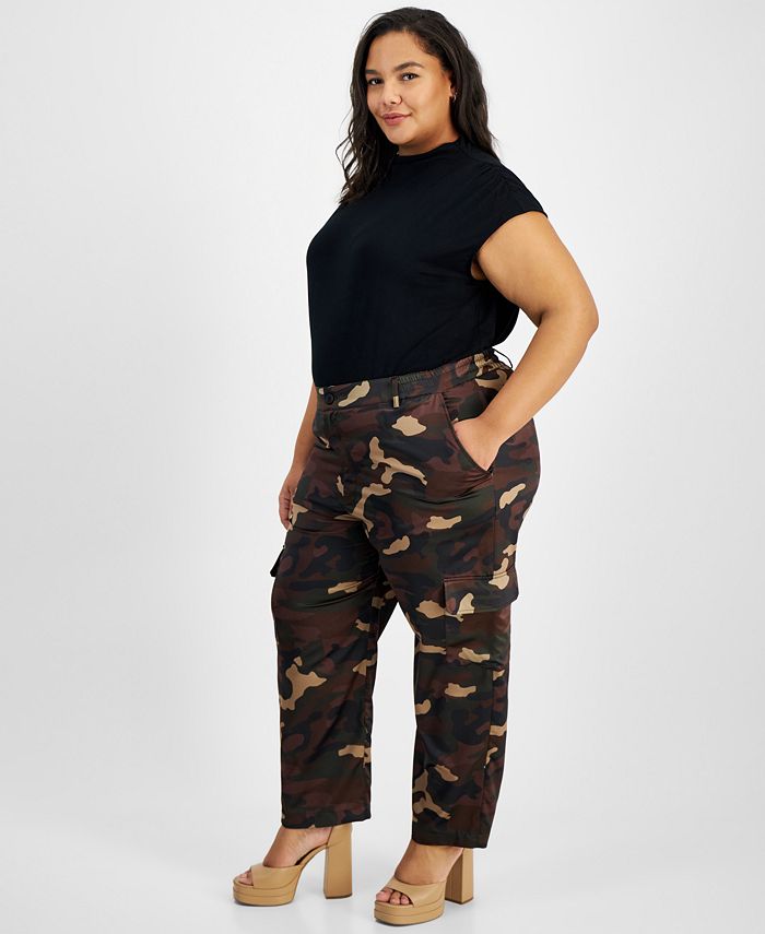 Bar III Plus Size Satin Camo-Print Cargo Pants, Created for Macy's