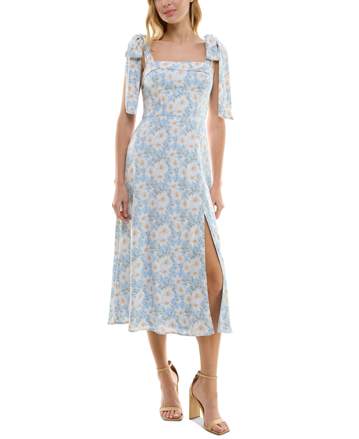 Shop Trixxi Juniors' Tied-shoulder Printed Midi Dress In Blue Floral
