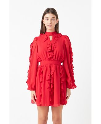 Women's Chiffon Ruffled V Mini Dress