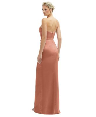 Strapless Topstitched Corset Satin Maxi Dress with Draped Column Skirt