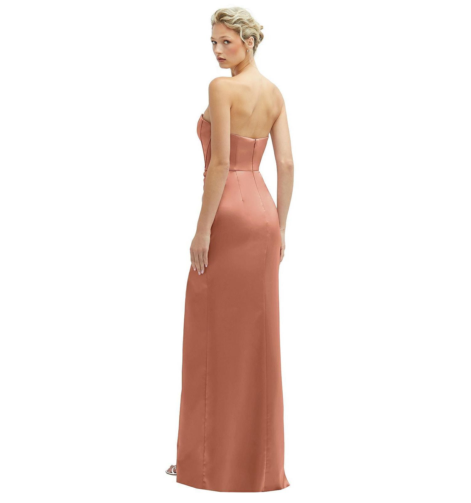 Women's Strapless Topstitched Corset Satin Maxi Dress with Draped Column Skirt