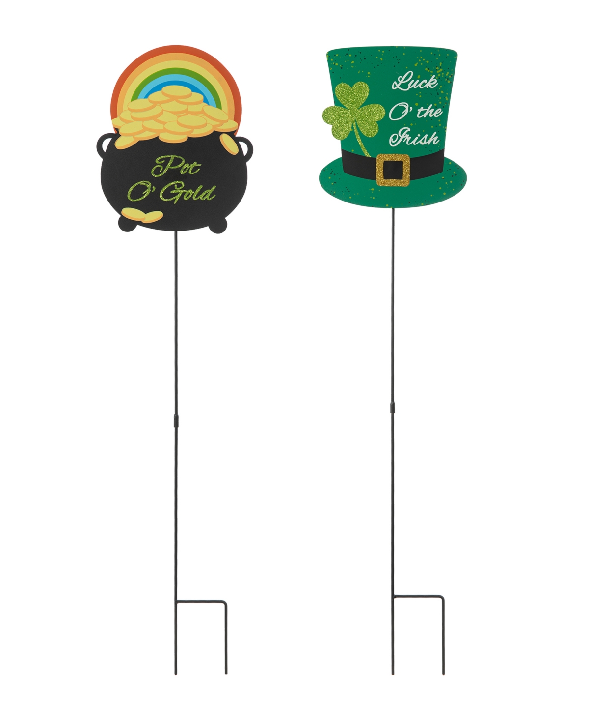 St. Patrick's Pot of Gold-tone Leprechaun Hat Metal Yard Stake, Set of Two - Multi