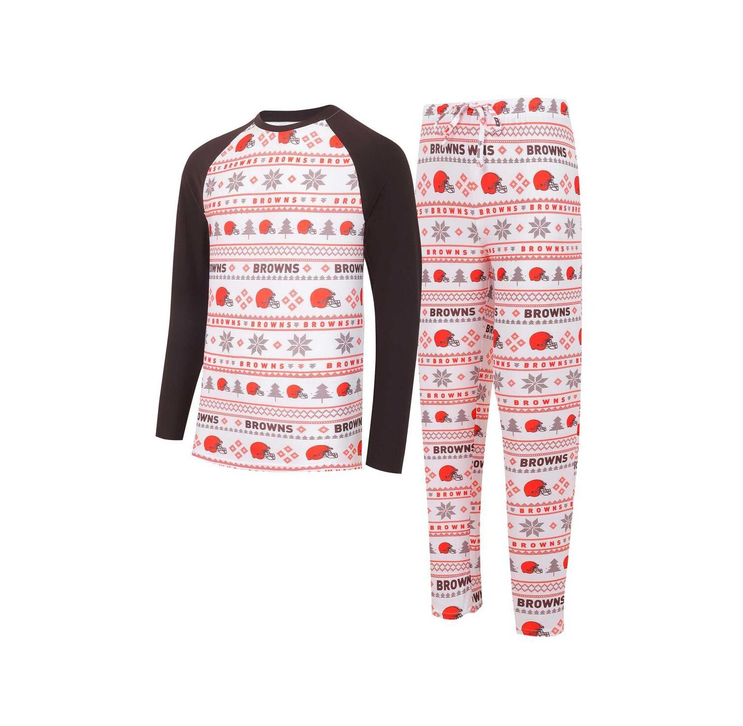Men's White, Brown Cleveland Browns Tinsel Raglan Long Sleeve T-shirt and Pants Sleep Set