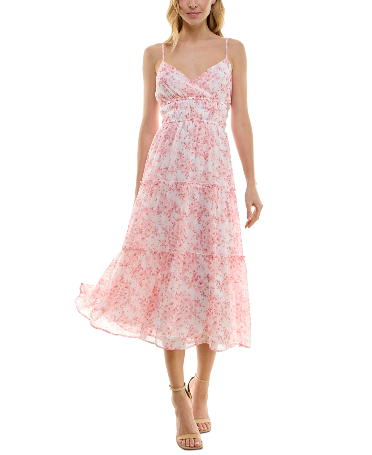 Juniors' Surplice Tiered Midi Dress - White/Pink Floral