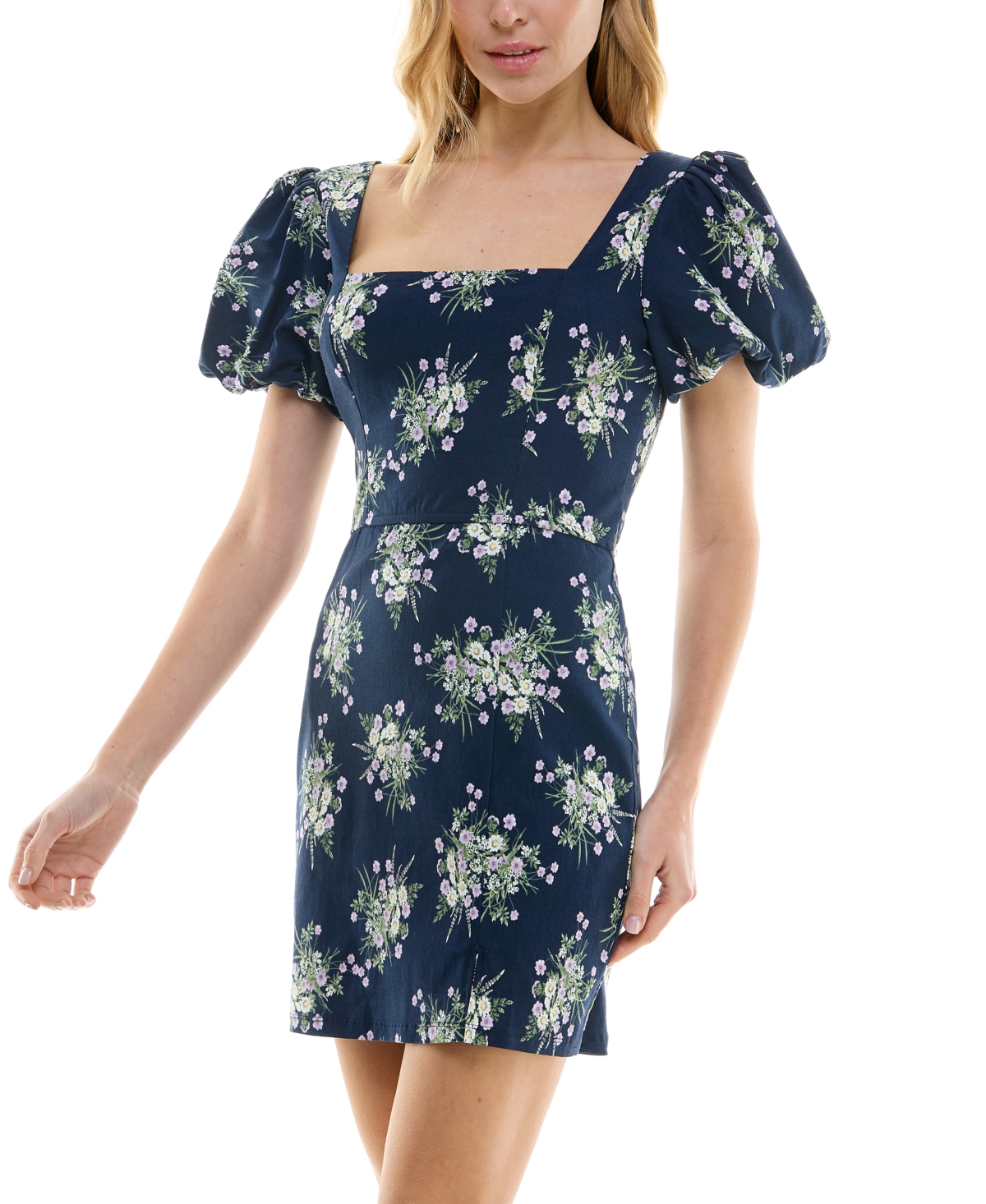 Shop Trixxi Juniors' Printed Puff-sleeve Bodycon Dress In Navy Floral