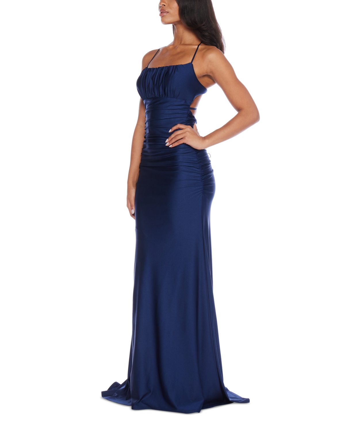 Shop B Darlin Juniors' Square-neck Ruched Strappy Sleeveless Gown In Navy