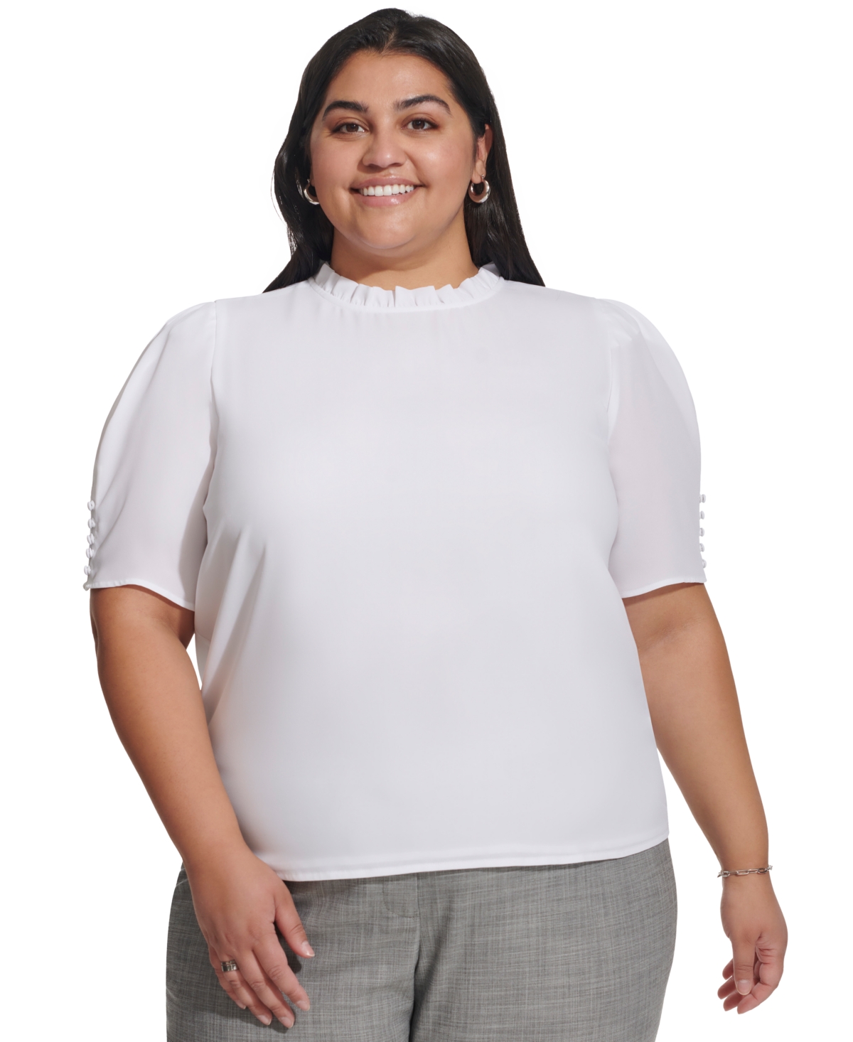 Calvin Klein Plus Size Ruffle-neck Short-sleeve Top In White