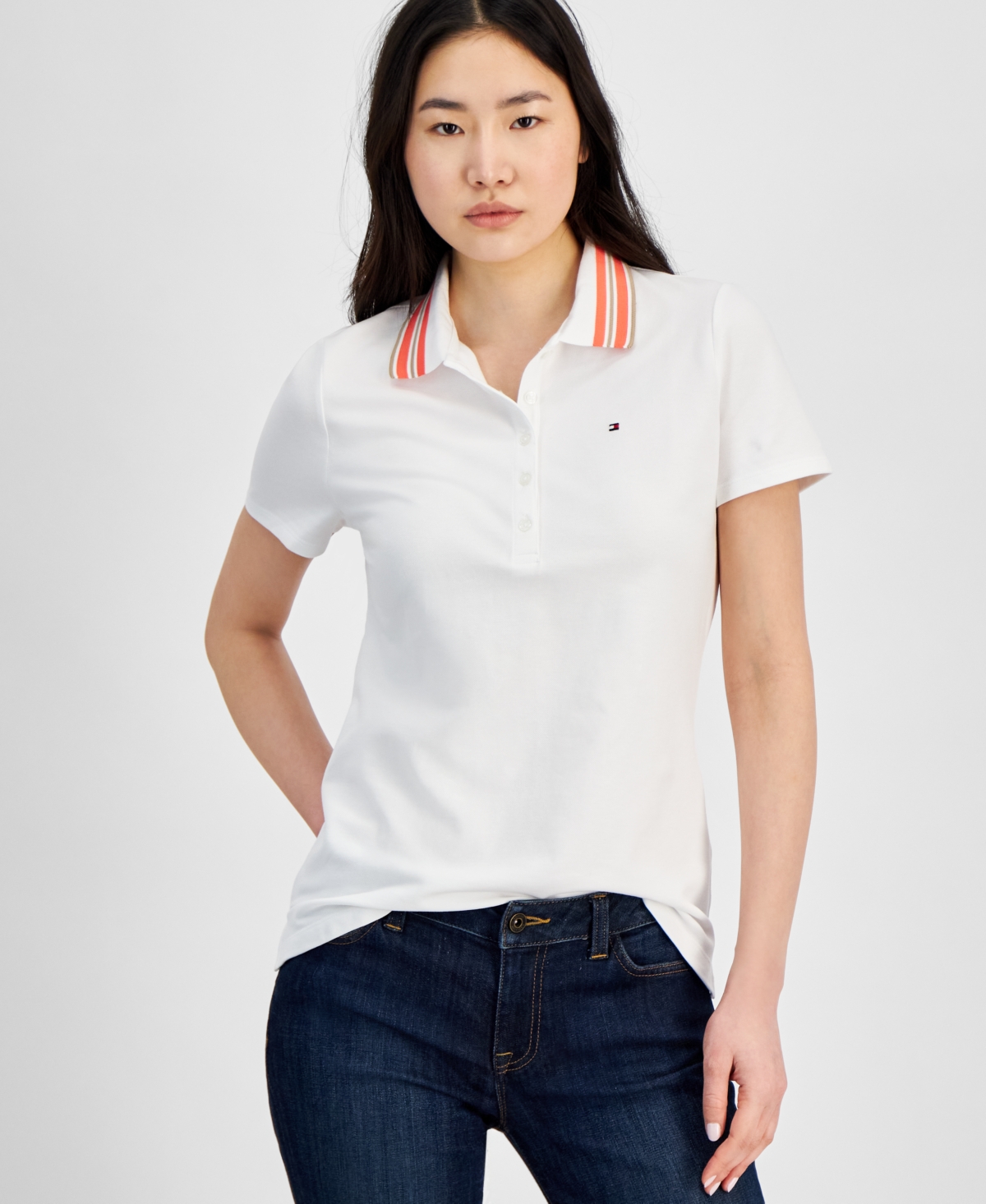 Tommy Hilfiger Women's Stripe-collar Shirt-sleeve Polo Shirt In White