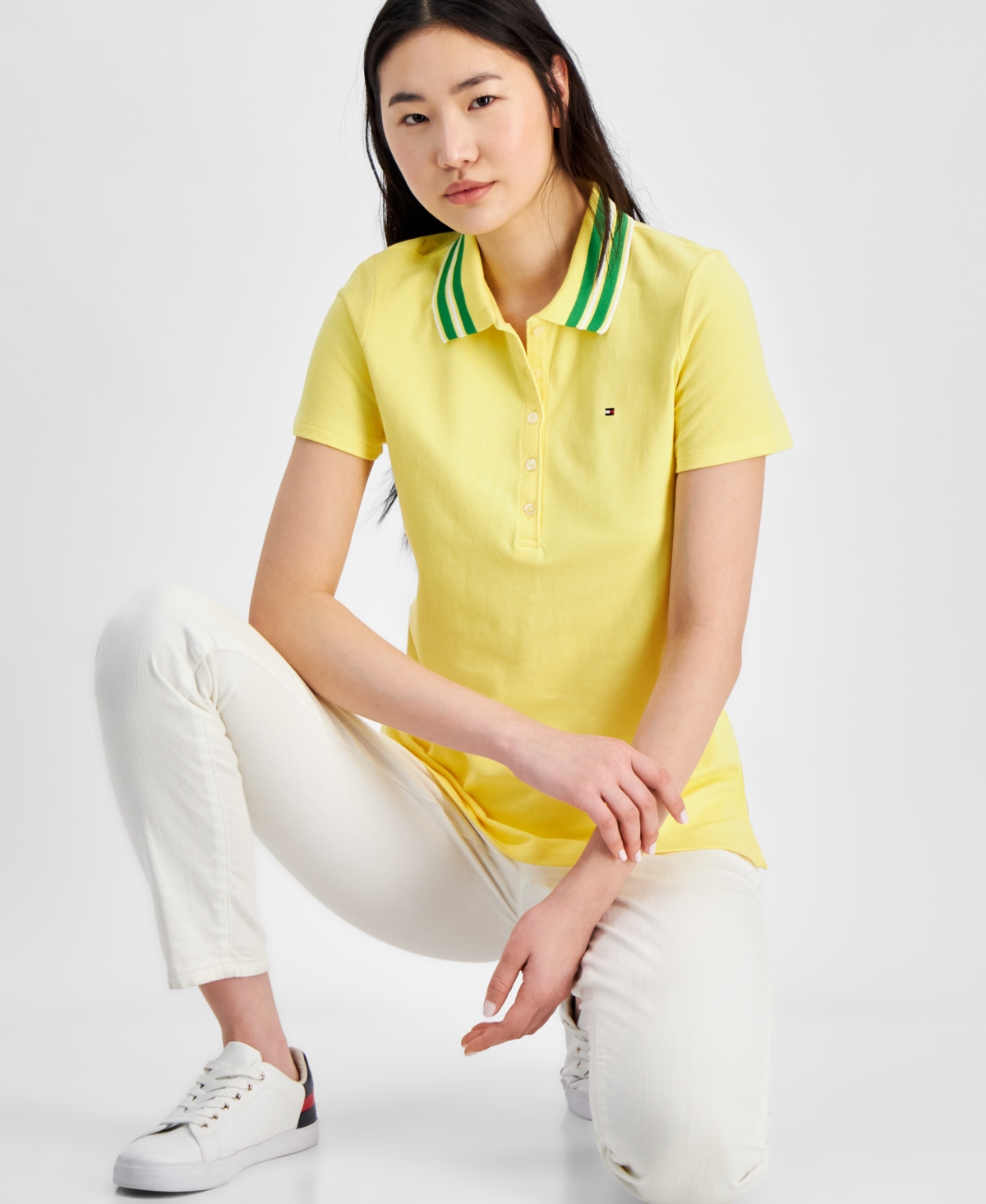 Tommy Hilfiger Women's Stripe-collar Shirt-sleeve Polo Shirt In Yellow