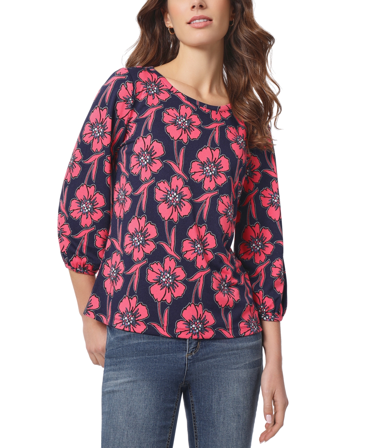 Shop Jones New York Petite Floral-print Puff-cuff 3/4-sleeve Knit Top In Pacific Navy