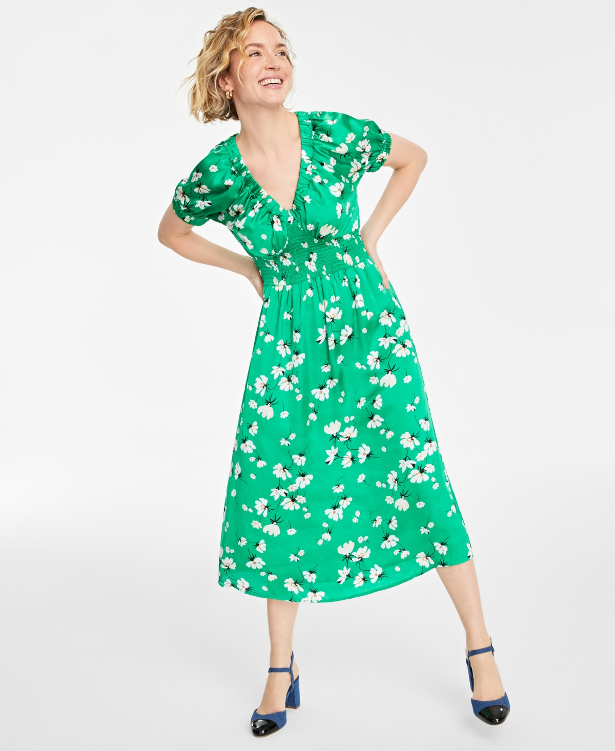 On 34th Women's Printed V-neck Short-sleeve Midi Dress, Created For Macy's In Brght Green Combo