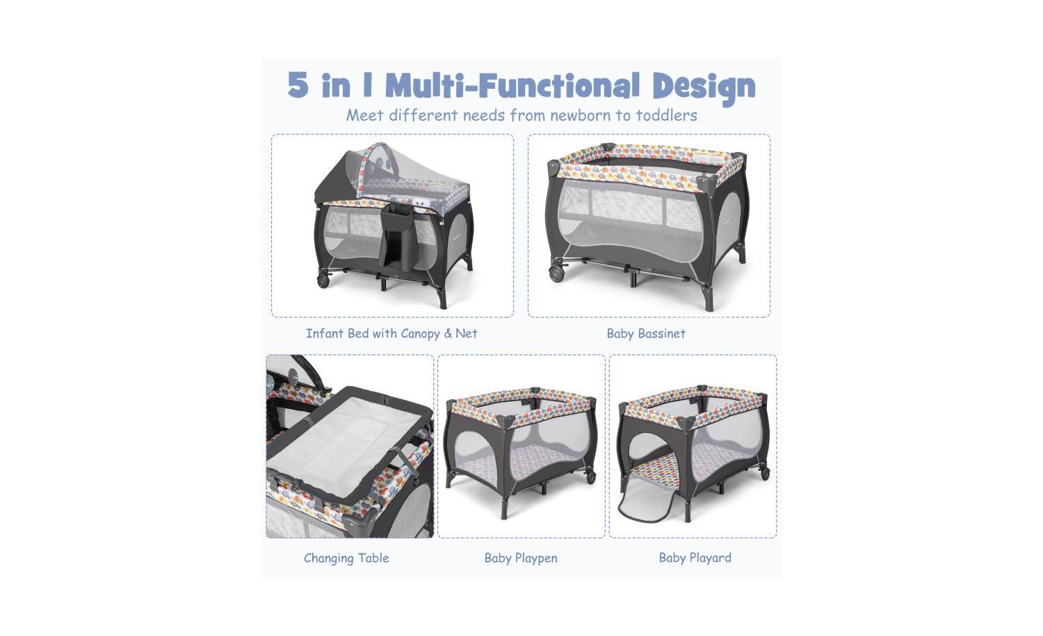 4-in-1 Portable Baby Playard with Bassinet and Adjustable Canopy