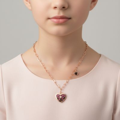 Stylish Kids/Teens 18K Rose Gold Plated Tie Ribbon on Heart Shaped Pendant