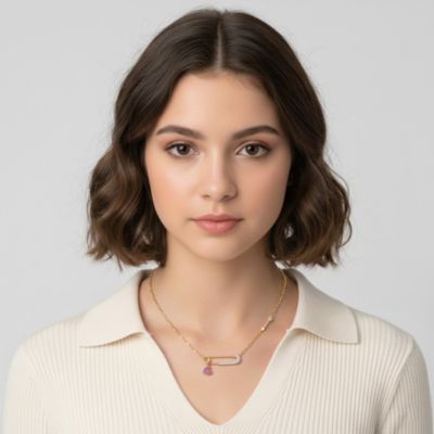 14k Gold Plated with Red & Cubic Zirconia Heart Charm Dangle Paperclip Adjustable Length Necklace