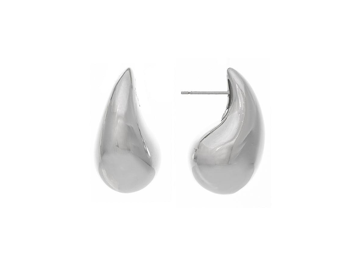 Polished Rhodium Teardrop Stud Earrings - Silver