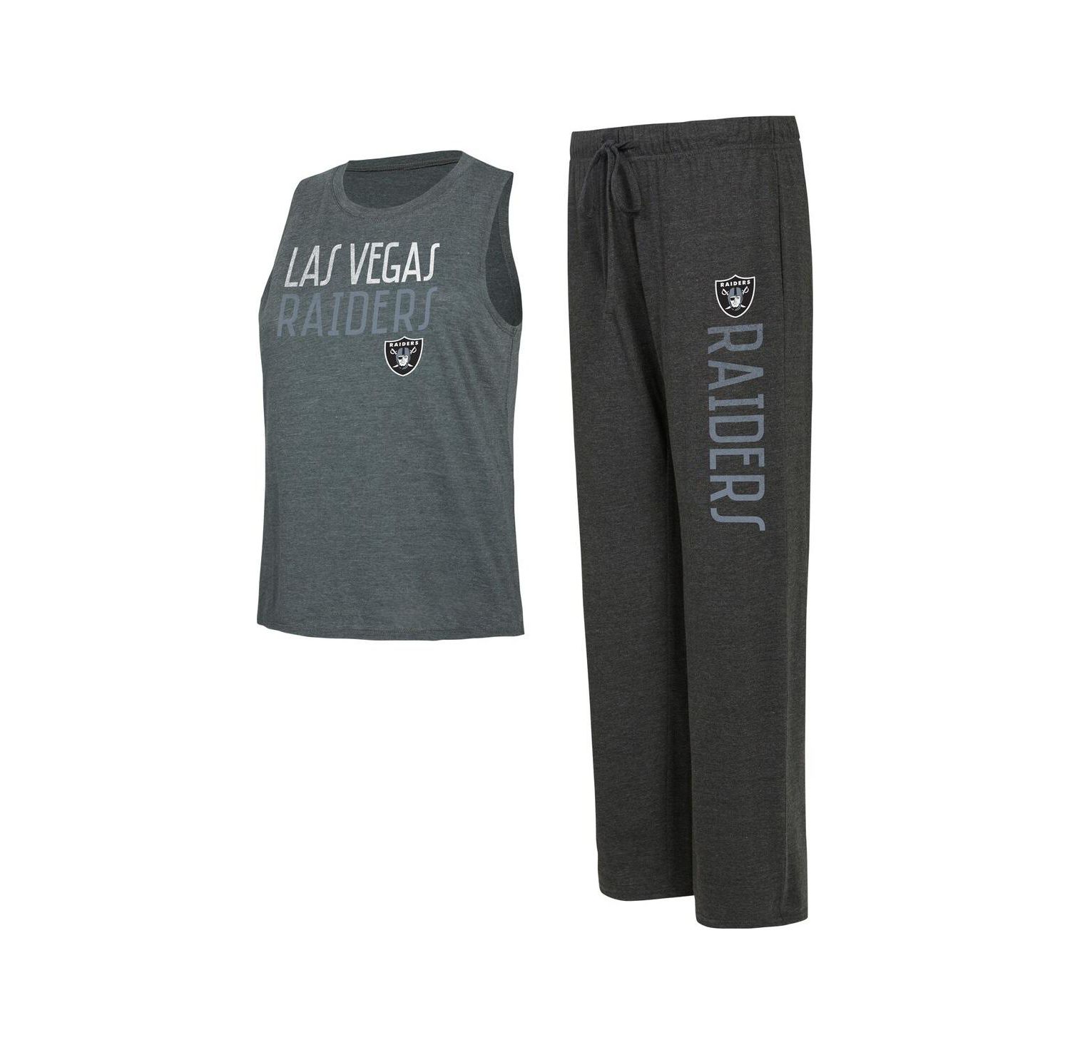 Women's Black, Charcoal Distressed Las Vegas Raiders Muscle Tank Top and Pants Lounge Set