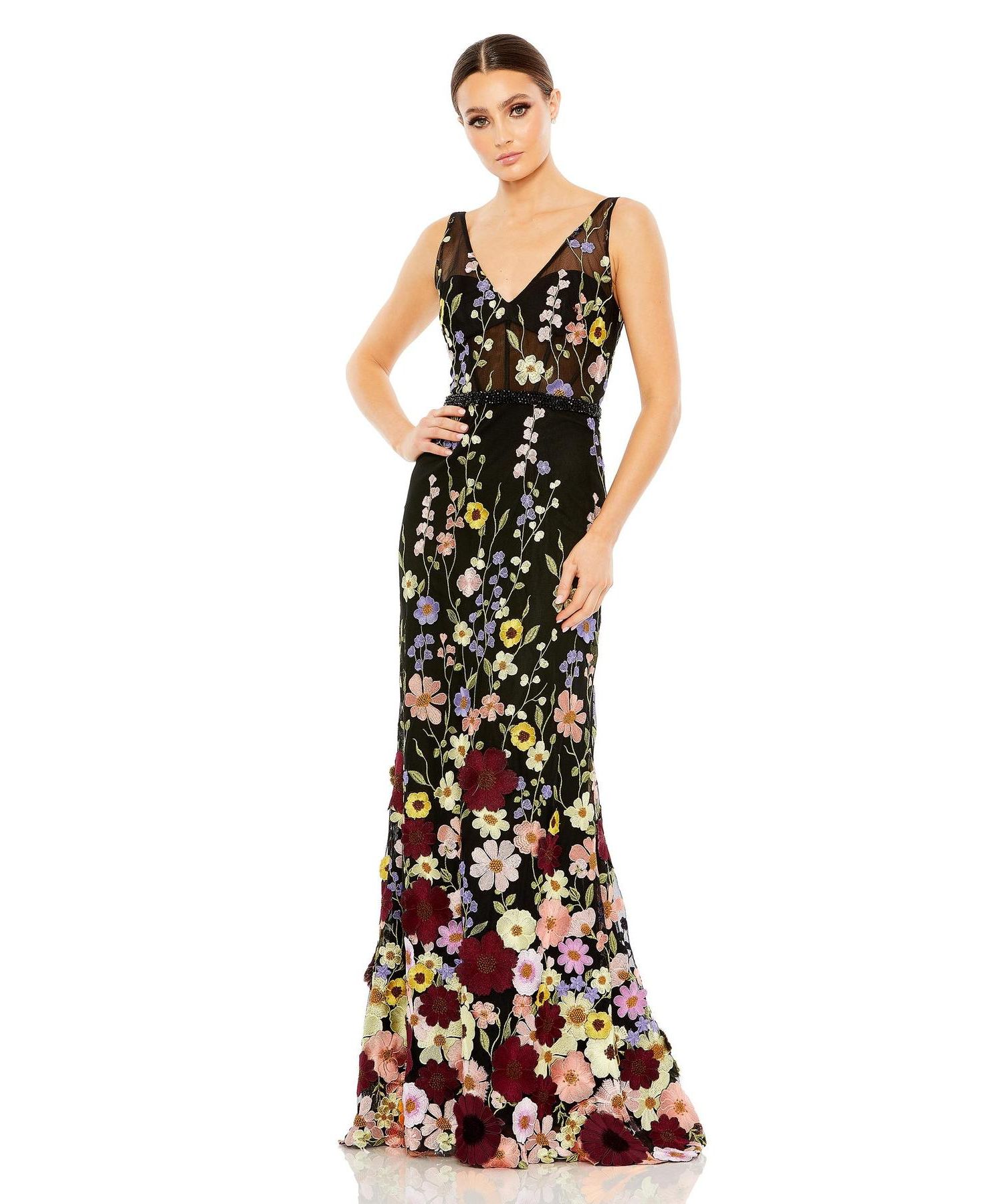 Women's Embroidered Tulle Sleeveless V Neck Gown
