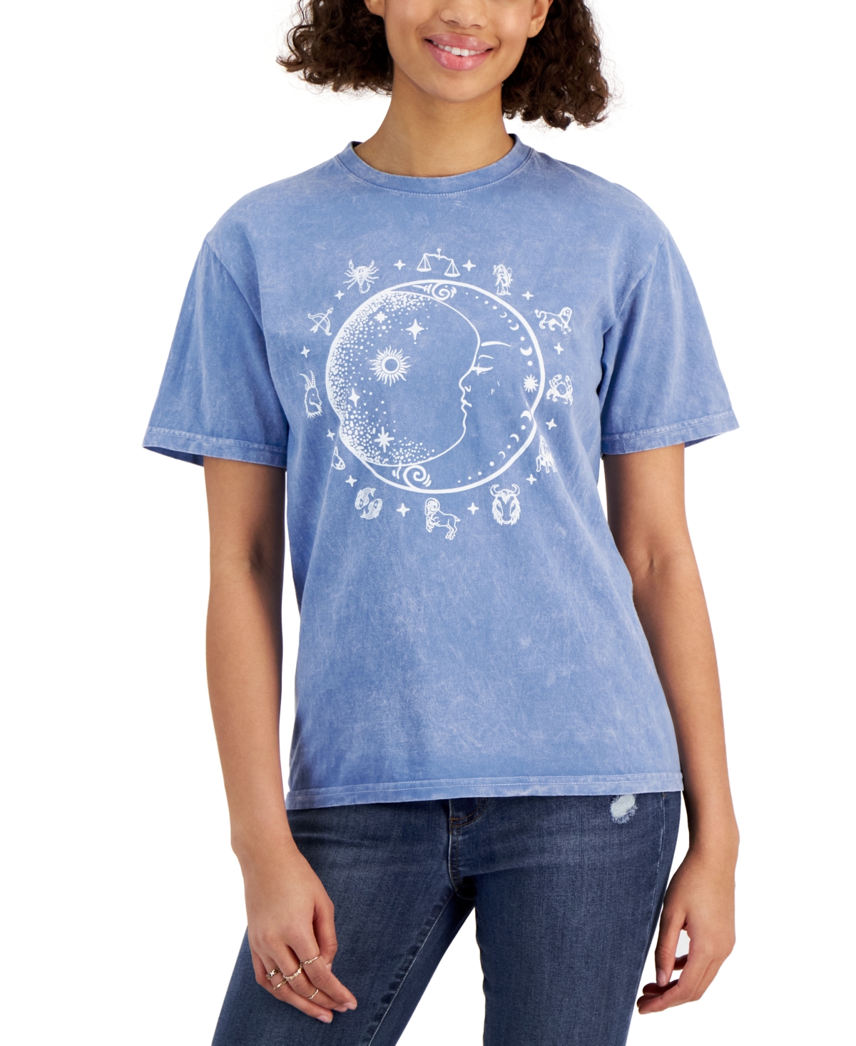 Rebellious One Juniors' Cotton Zodiac Graphic-print T-shirt In Blue Min Wash