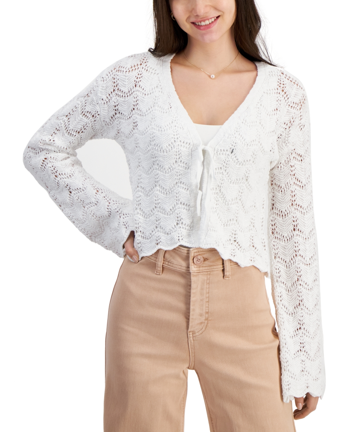 Sugar Moon Juniors' Tie-front Cropped Scalloped-hem Cardigan In Bright White