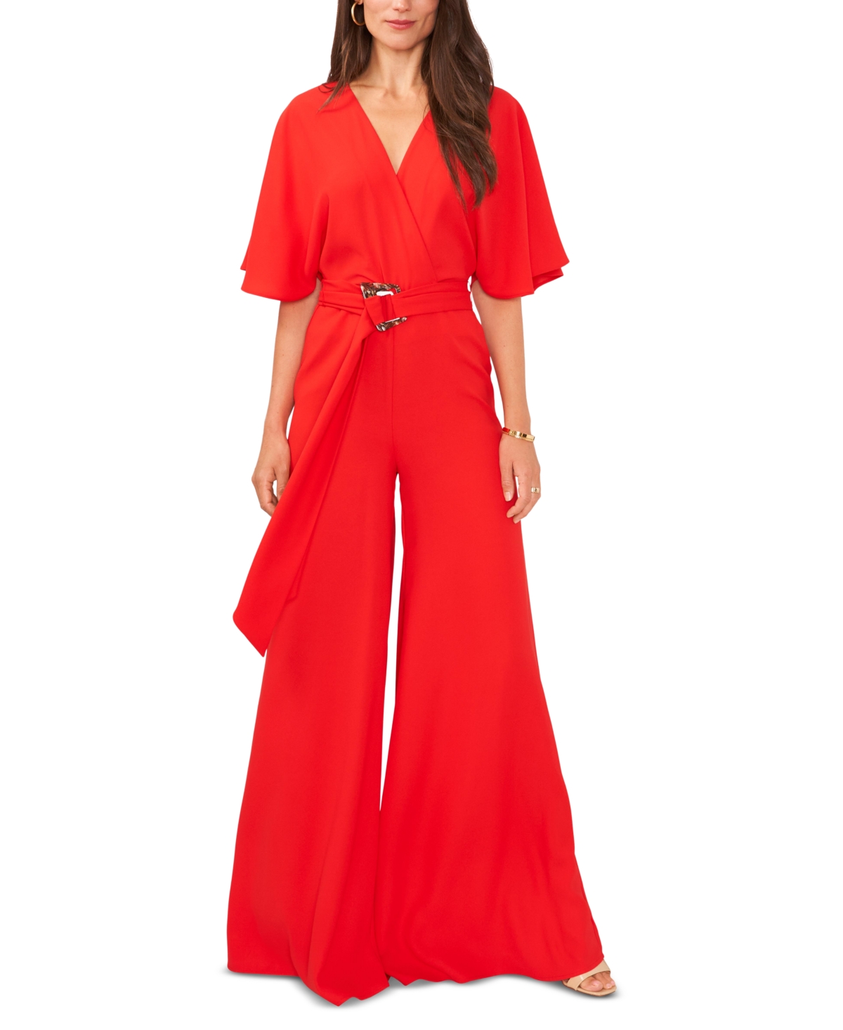 Shop Vince Camuto Women's Plunge V-neck Tie Waist Wide Leg Maxi Jumpsuit In Tulip Red