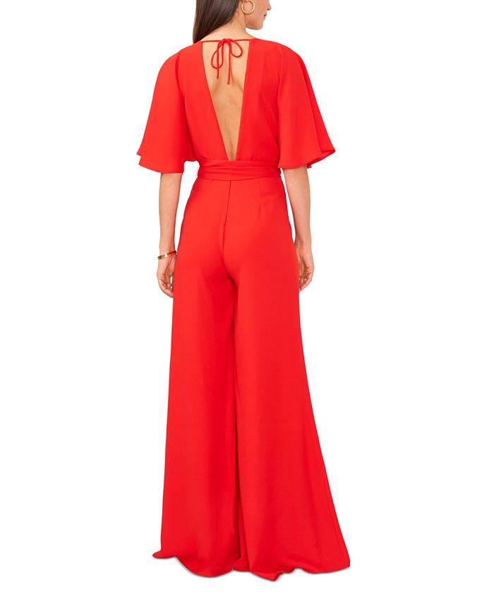 Vince Camuto Women's Plunge V-Neck Tie Waist Wide Leg Maxi Jumpsuit ...