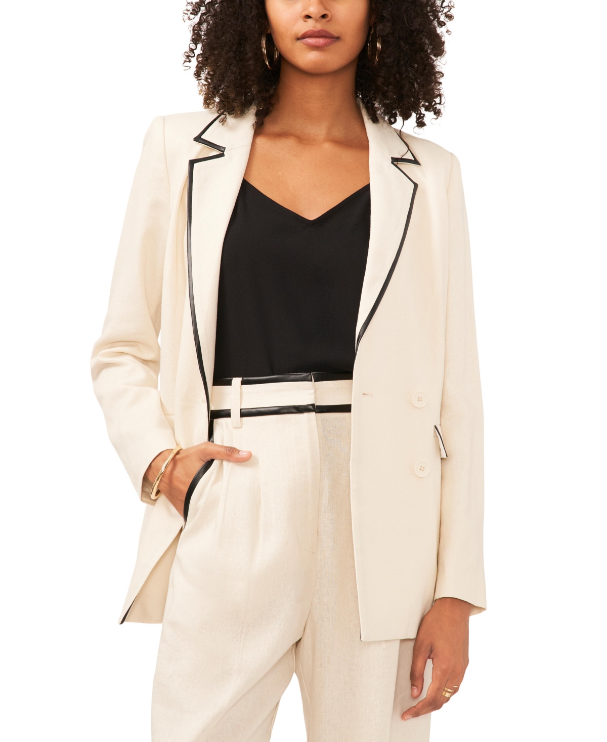 Women's Linen Blend Piped Oversized Notched Collar Double Breasted Blazer - Bone